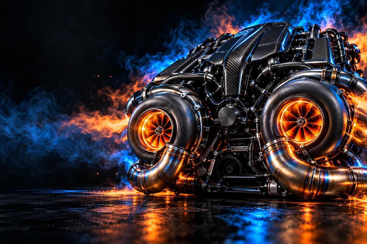 Cinematic twin turbo artwork in blue and orange